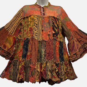 Nwt FUNKY STUFF patch boho tiered babydoll sheer chiffon viscose TOP XL